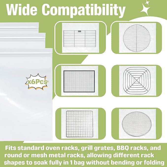 6-Pack 15.7 x 23.7 Inch Oven Rack Cleaning Bags, Reusable No-Scrub Soaking Bags with Sealed Zip for Removable Oven Racks, Grill Grates and BBQ Racks, Leak-Resistant Clear PE, No Cleaner Included