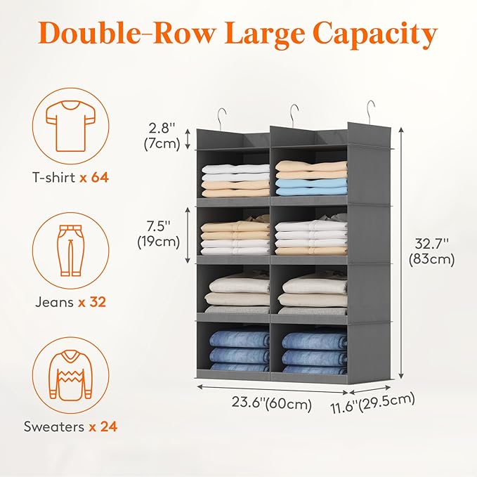 Lifewit Dual-Row Shelf Hanging Closet Organizer and Storage, Clothes Shelves with 3 Sturdy Hooks for Clothing Organization, Foldable Container Hold Up to 24 Sweaters, 4 Tier 8 Sections, Gray