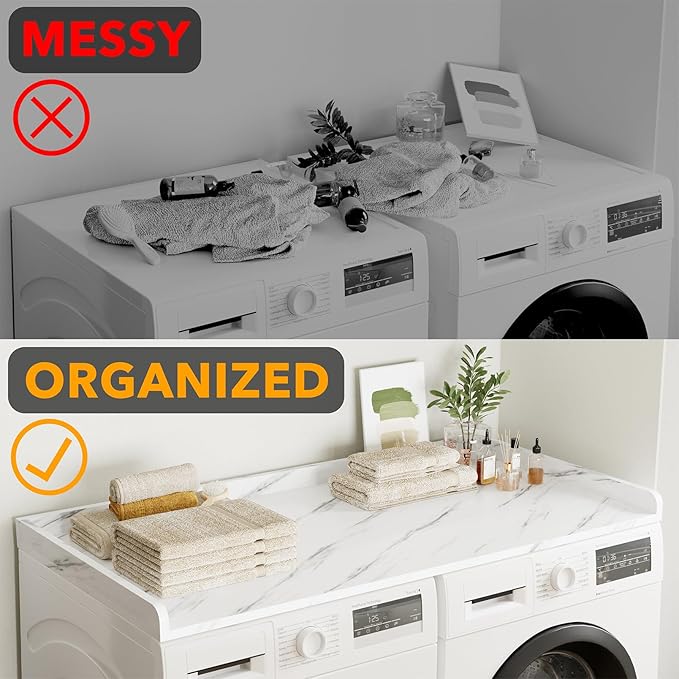 SpaceAid Washer Dryer Countertop, Laundry Wood Shelf Topper with Edge, 54" Width x 27.5" Depth Cover Guard Organizer for Washer and Dryer Laundry Hamper Counter Storage Organization (White Marble)