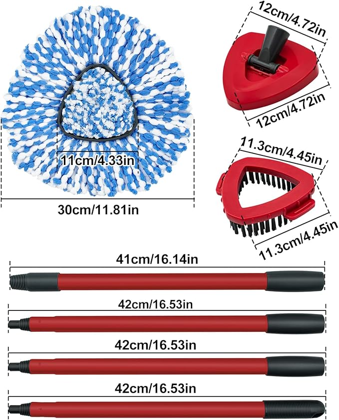 Spin Mop Handle, Mop Heads Replacements,Scrubber Brush and Mop Base Compatible with Ocedar RinseClean 2-Tank System, Mop Handle and Head Replacement Combo Set for Wet Dry Use Floor Cleaning