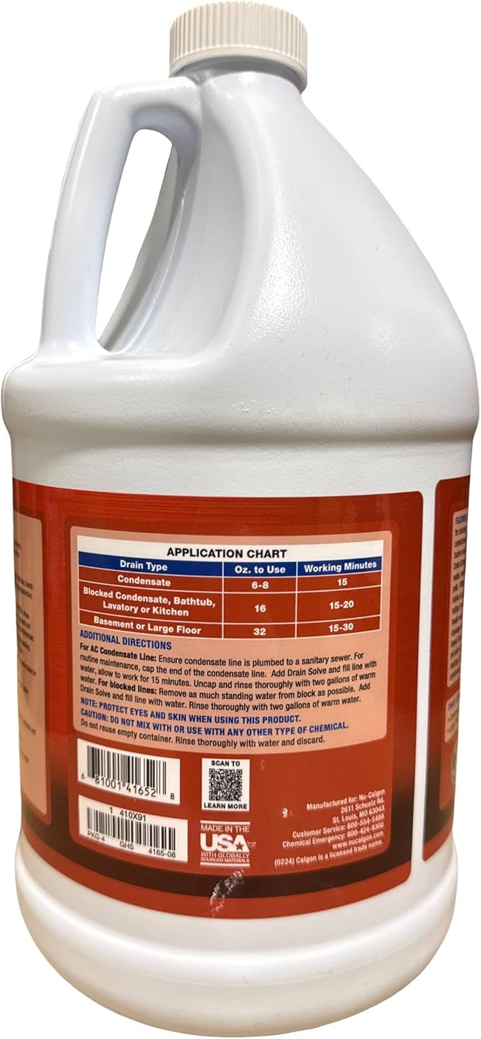 Nu-Calgon 4165-08 Drain Solve Alkaline Line Cleaner – 1 Gallon HVAC Condensate & Plumbing Clog Remover, Non-Fuming, Septic Safe, NSF Registered