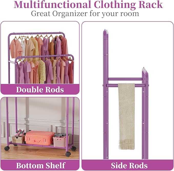 Simple Trending Clothing Clothes Rack Double Rods with Wheels, Rolling Metal Garment Rack for Hanging, Purple
