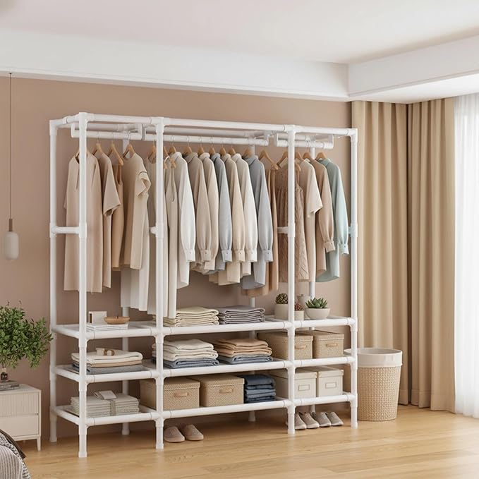 Portable Closet,Garment Rack,Heavy Duty Clothes Rack with Cover,Wardrobe Closet with 1 Hanging Rods, 2 Storage Shelves and 3 Drawers,43.3" L x 17.7" W x 67.7" H,Pale Yellow
