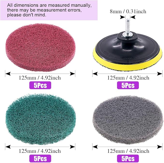 Swpeet 16Pcs 5Inch 3 Different Color Scrubbing Pads Drill Powered Brush Tile Scrubber Scouring Pads Cleaning Kit, Abrasive Buffing Pads Replacement with 1 Pcs Hook Attachment for House Cleaning