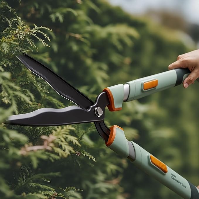 PrunePro Extendable Hedge Shears (27"-35") | Wavy Stainless Steel Blades | Teflon Coated for Smooth Cuts | Lightweight Adjustable Garden Clippers for High Hedges & Bushes