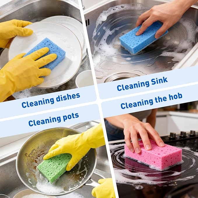 24 Pack Compressed Cellulose Sponge, Non Scratch Kitchen Sponges for Dish Cleaning, Multipurpose Household Cleaning Sponge for Kitchens, Bathrooms, Cars