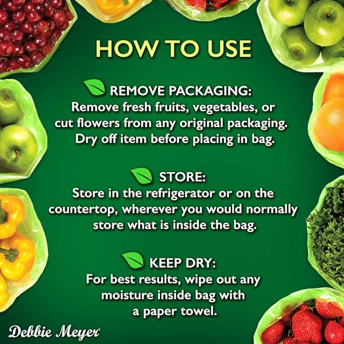 Debbie Meyer, GreenBags 40-Pack (16M, 16L, 8XL) | Reusable Storage Bags Keeps Fruit, Vegetables, Produce, Cut Flowers Fresh Longer, Kitchen & Fridge Preservation Solution, BPA Free, Made in the USA