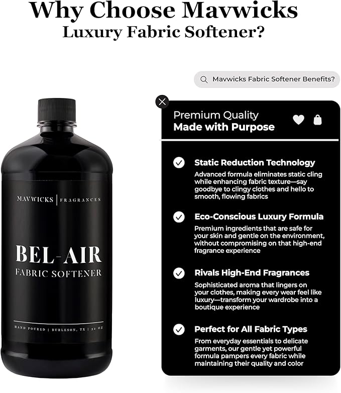 Mavwicks Fragrances - Luxury Scented Liquid Fabric Softener (Bel-Aire) 32 Oz – Crafted with Clean Ingredients – Reduces Static, and Softens Clothes – Safe for All Fabrics and Skin