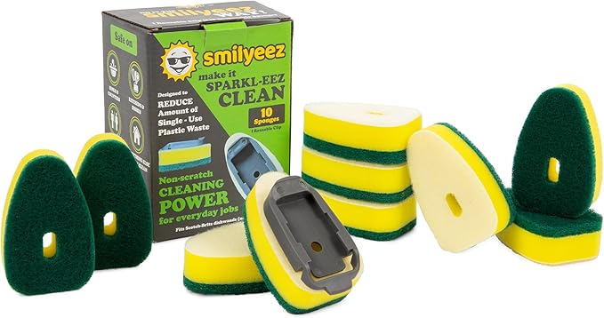 Smilyeez No-Plastic Heavy Duty Green Sponge Refill for Scotch-Brite's Dishwand Refill 10 Pack with Adapter…