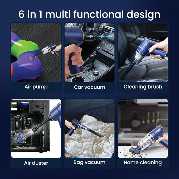 VIMALIFE 10000Pa Cordless Car Vacuum Cleaner & Air Duster, Powerful Handheld Auto Vacuum, 42000RPM Motor, LED Light, Type-C Fast Charge, Washable Filter, 5 Multi-Nozzles for Home, Car, Pet Hair, Blue