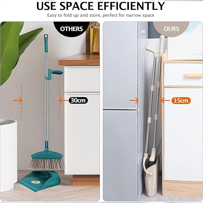 Broom and Dustpan Set, Long Handle Stand Up Broom and Dust Pan Combo, Self-Cleaning with Dustpan Teeth, Indoor&Outdoor Sweeping, Ideal for Dog Cat Pets Home Use (Beige & Brown)
