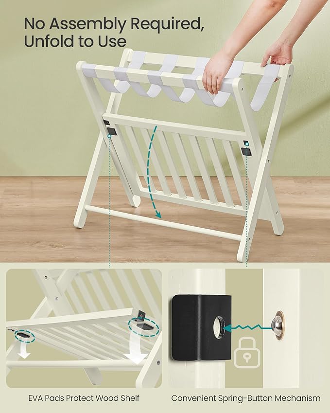 SONGMICS Solid Wood Luggage Racks, Set of 2, No Assembly Required, Foldable Suitcase Stand, Luggage Holder, with Storage Shelf, for Guest Room, Hotel, Bedroom, Cream White URLR021WZ02S