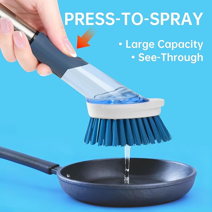 Soap Dispensing Scrub Brush - 4-in-1 Kitchen Cleaning Brush with Built-in Tank, Scraper Heads for Stubborn Grime on Pots Pans, Stand/Hang Storage-Blue