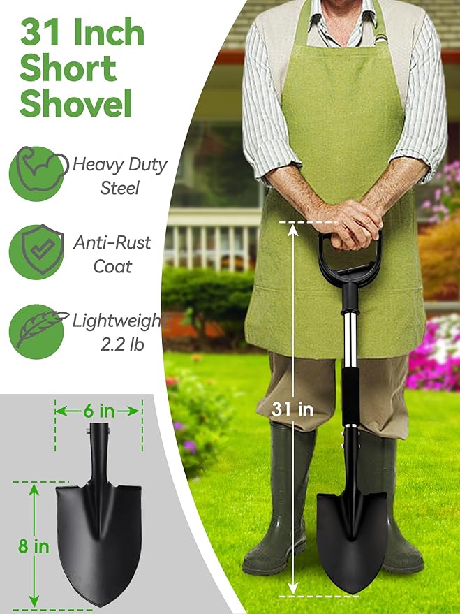 Shovel, 31 inch Small Shovels for Digging Gardening, Camping, Off Road Car Snow Removal Tools, Heavy Duty Short Metal Garden Shovel with Round Point Blade, D-Handle Grip, Footstep, Kids Mini Spade
