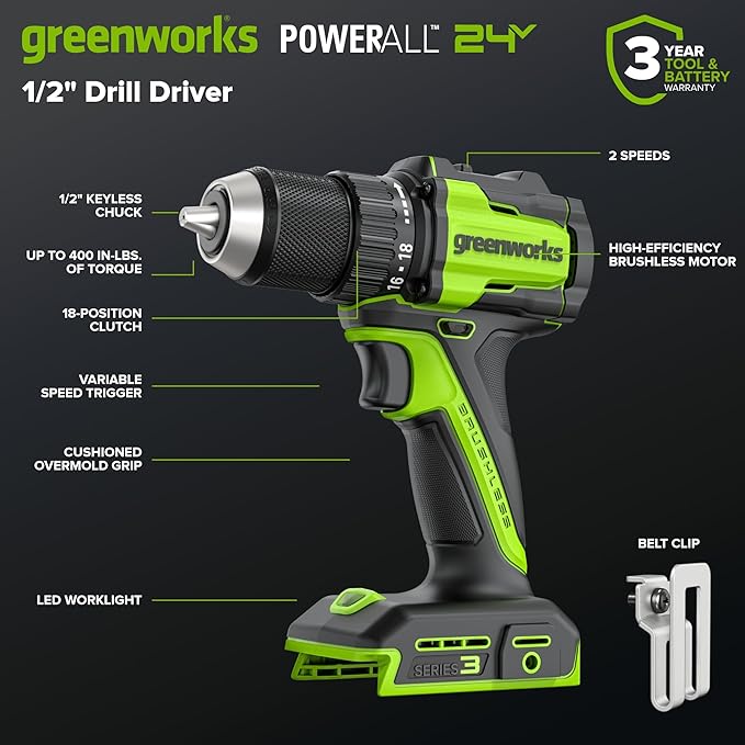 Greenworks 24V Cordless Brushless 400 in-lbs Drill/Driver+1950 in-lbs Impact Driver Combo,High Torque, Lightweight, (2) 2.0Ah USB-C Batteries(12,000mAh Power Bank) and 65W USB-C Fast Charger(3-Port)