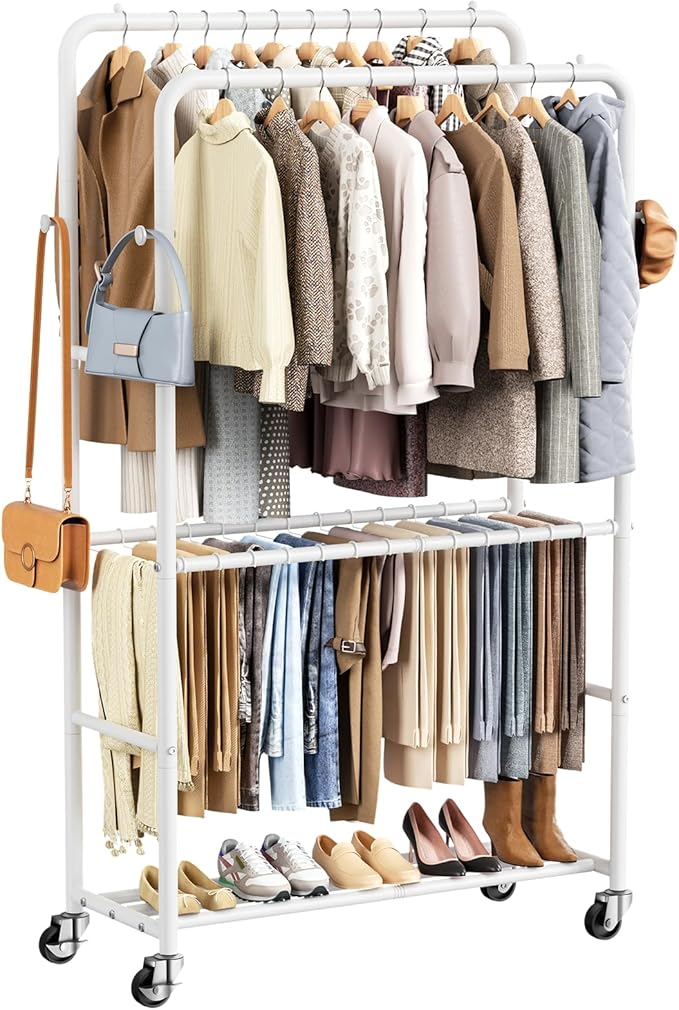 Clothes Racks for Hanging Clothes, Rolling Clothing Rack with Pants Rack, Side Hooks & Shoe Shelf, Portable Garment Rack for Bedroom, Laundry Room, Clothing Store, Closet, White