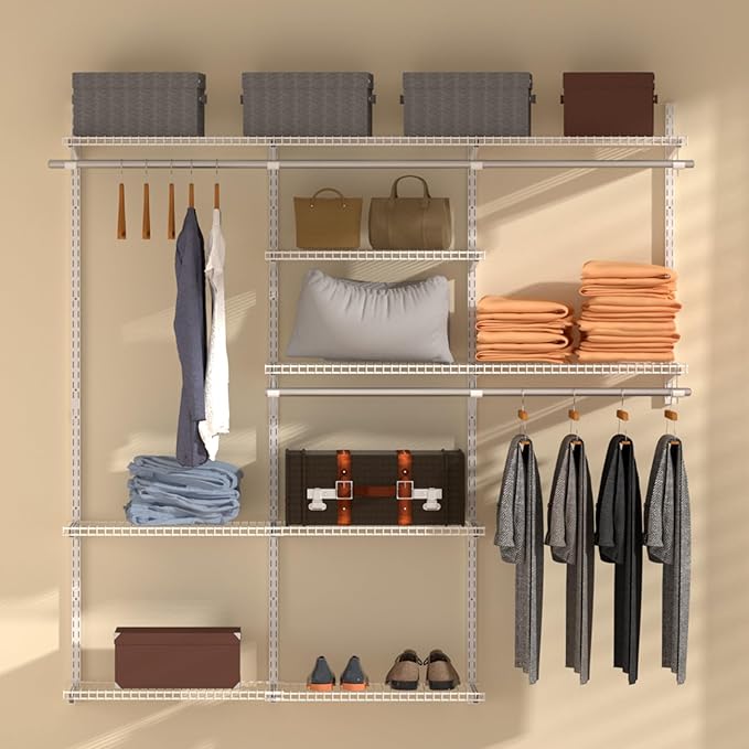 Homde Closet Organizer System Wall Mounted, 4-8 Ft. Adjustable and Expandable Metal Wire Shelving, Custom DIY Wardrobe Kit with Shelf, Clothes Hanging Rods, for Home Closet Laundry Mudroom