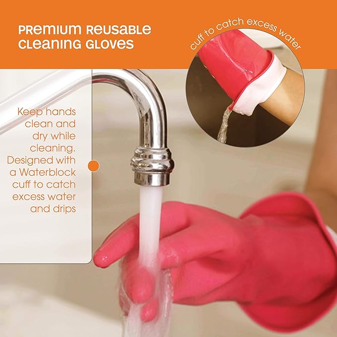 Casabella Premium Waterblock Reusable Household Cleaning Gloves, Medium, Pink (Pack of 2)