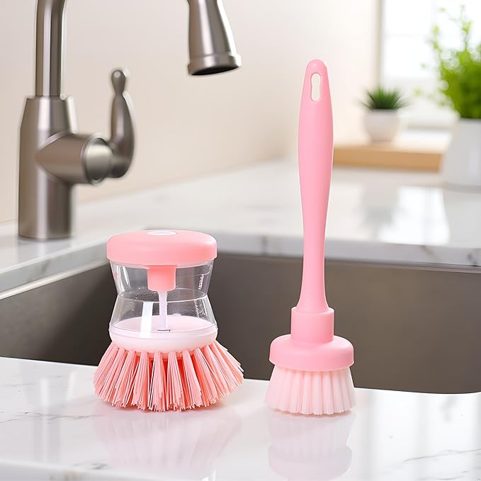 2Pcs Pink Dish Brush with Soap Dispenser,Soap Dispensing Brush, Kitchen Brush,Dish Pot Pan Sink Cleaning, Dish Brush Washing Utensils,Washing Up Liquid Soap Dispenser,Soap Dispensing Dish Brush