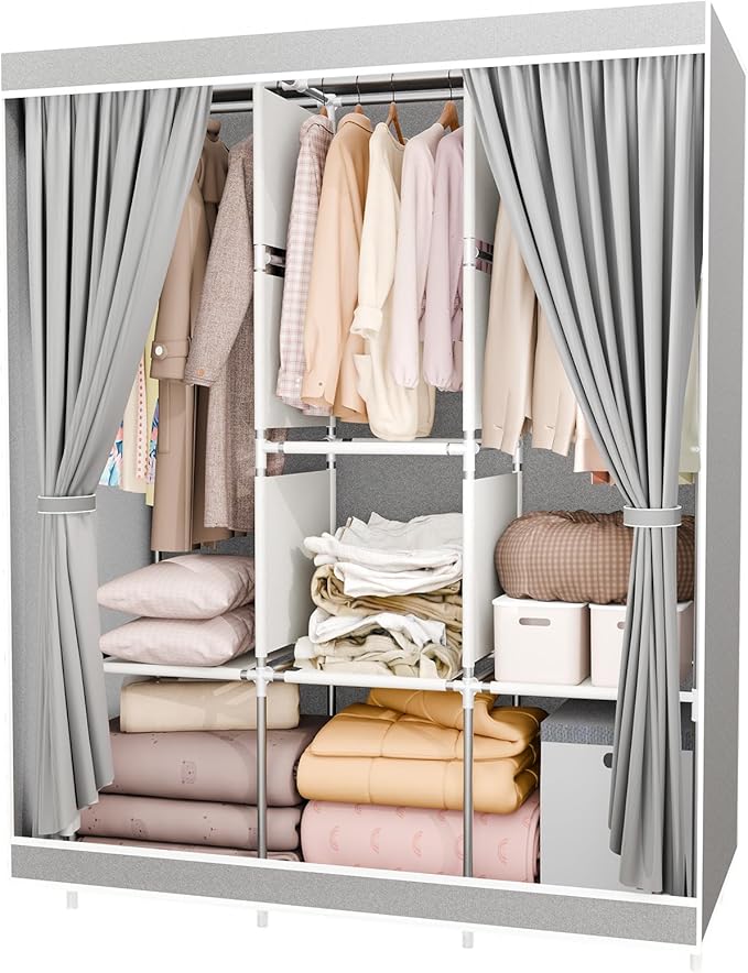 BAOKALER Portable Closet for Hanging Clothes 67 Inch Wide Large Capacity Portable Wardrobe Closet with Cover, Storage Shelves and 3 Hanging Rod, Gray Wardrobe Closet Easy to Assemble and Strong