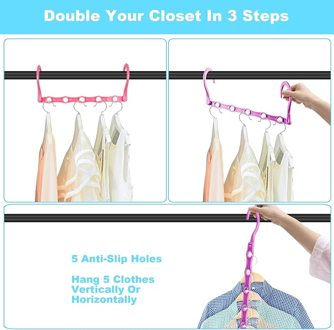 DUCOO Space Saving Hangers 10 Pack, Heavy Duty Magic Cascading Hanger Organizer with 5 Enclosed Anti-Slip Holes, Closet Organizers and Storage for Clothes, College Dorm Room Essentials, Multicolor