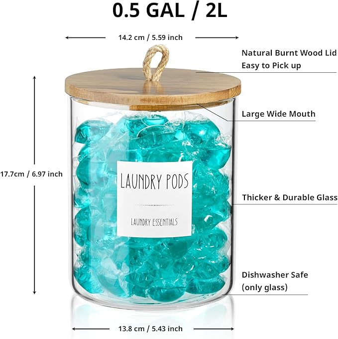 Glass Laundry Pods Container, Half Gallon 2 Liter Laundry Jars with Wood Lids for Laundry Room Organization and Storage, Powder Detergent Holder for Laundry Room Decor and Accessories
