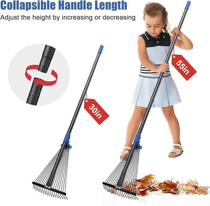 Adjustable Metal Leaf Rake Long Handle, 48 inch Garden Rakes for Lawns Heavy Duty Leaves with Expandable Head 8-17", Yard Women Kids Rake for Gardening RV Camping