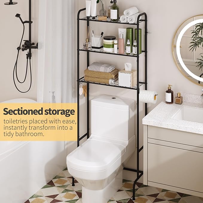 Over The Toilet Storage,3-Tier Heavy Duty Metal Bathroom Organizer, Freestanding Space Saver with Wide Shelves for Towels & Toilet Paper (Black)