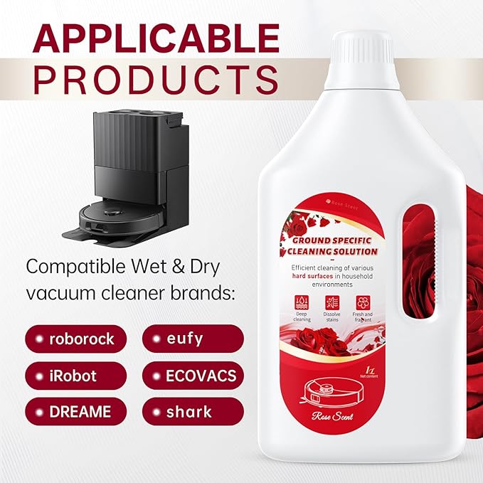 1L Floor Cleaning Solution Compatible with Roborock/Eufy/iRobot/Ecovacs/Dreame/Shark, Fragrance Deodorization, Deep Cleans for Multiple Hard Floors (1 Liter, 【Rose】)