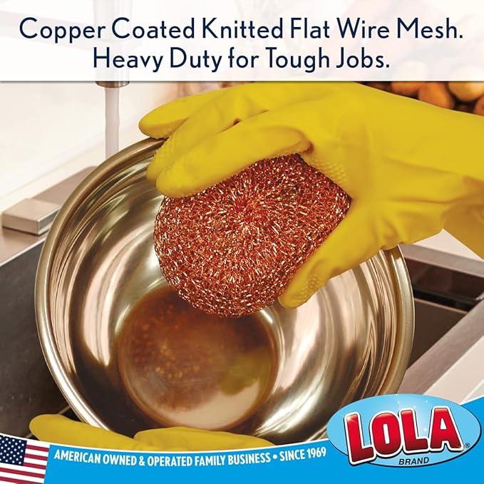 LOLA Copper Mesh Scouring Pad, 18 Grams, 2 Pack, Heavy Duty Cleaning Pads, Copper Coated Knitted Flat Wire Mesh, Recyclable, Cleans Baked On Messes