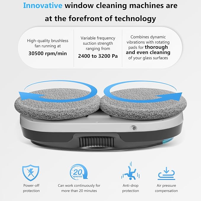 Window Cleaning Robot – 2400-3200Pa Suction, Dual Ultrasonic Spray, 85ml Tank, Edge Detection, Anti-Drop, 3 Cleaning Modes for Streak-Free Glass(Black)