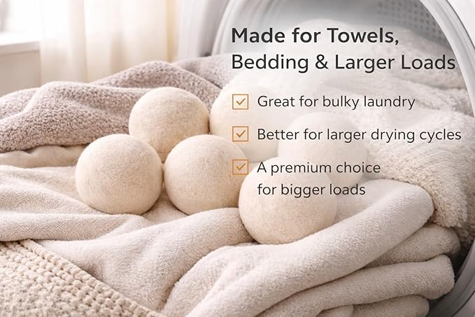 XL Wool Dryer Balls 6 Pack, 3 Inch, 100% New Zealand Wool, Reusable Natural Fabric Softener for Towels, Bedding and Larger Loads, Helps Reduce Drying Time, Wrinkles and Static Cling