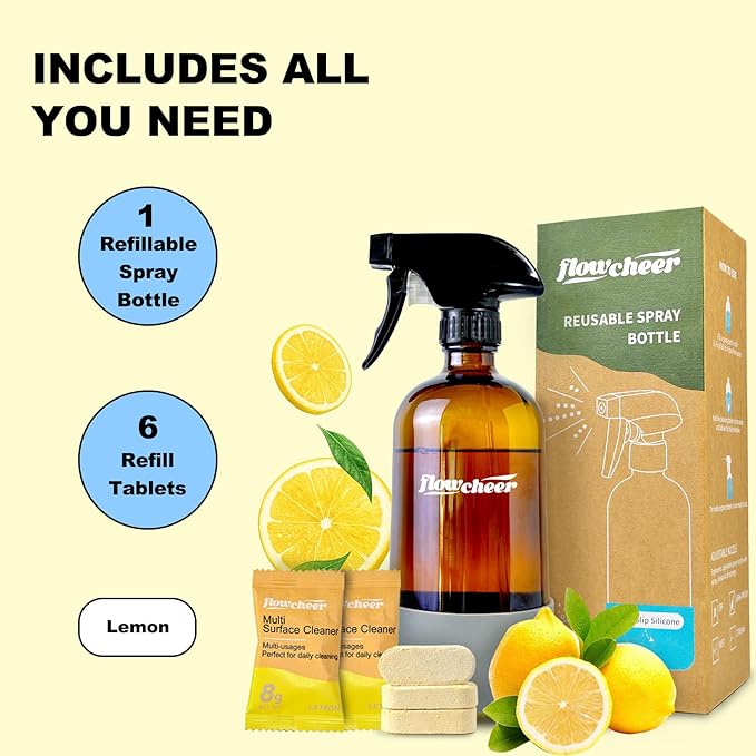 flowcheer Multi-Purpose Cleaner Starter Kit-Lemon Scent all purpose cleaner concentrate,cleaning tablets (6 Refill tablets) with Reusable Spray Bottle Multi-Surface Cleaner, 6x17fl oz