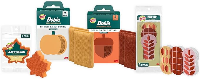 Scotch-Brite Brite Harvest Collection, 1 Extra Gentle Leafy Clean Kitchen Sponge, 3 Pop Up Dish Sponges That Expand with Water, and 4 Dobie Non-Scratch Sponges