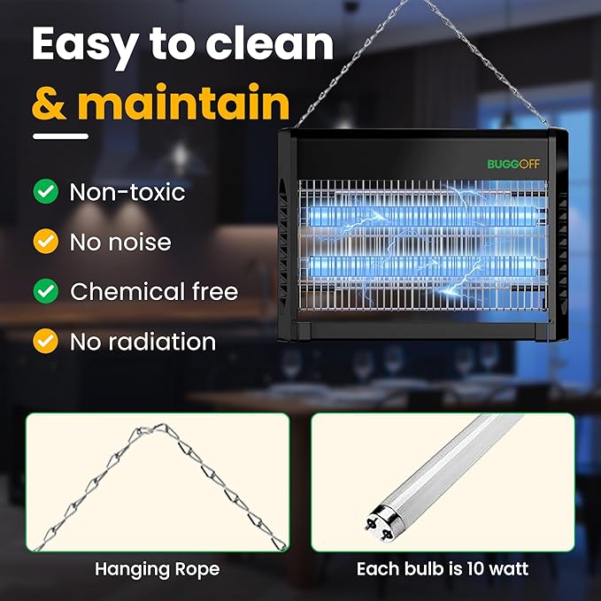 BUGGOFF Black Modern Indoor Electric Bug Zapper, 2000 SQFT Coverage, 3500 Volts of Stunning Power, 40 Watts, Kills Mosquitos Gnats, Flys & More. 10 Year Warranty, X2 Free Replacment Bulbs