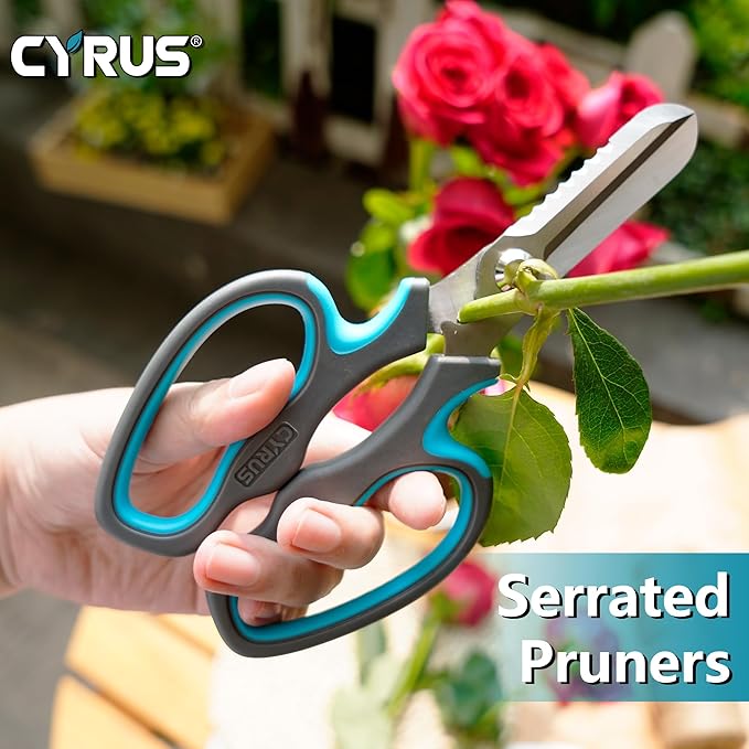 CYRUS Serrated Pruners Flower Scissors Floral Shears for Cutting Flowers,Garden Shears with Integrated Stab Remover,Florist Cutters Rose Snips,Blue