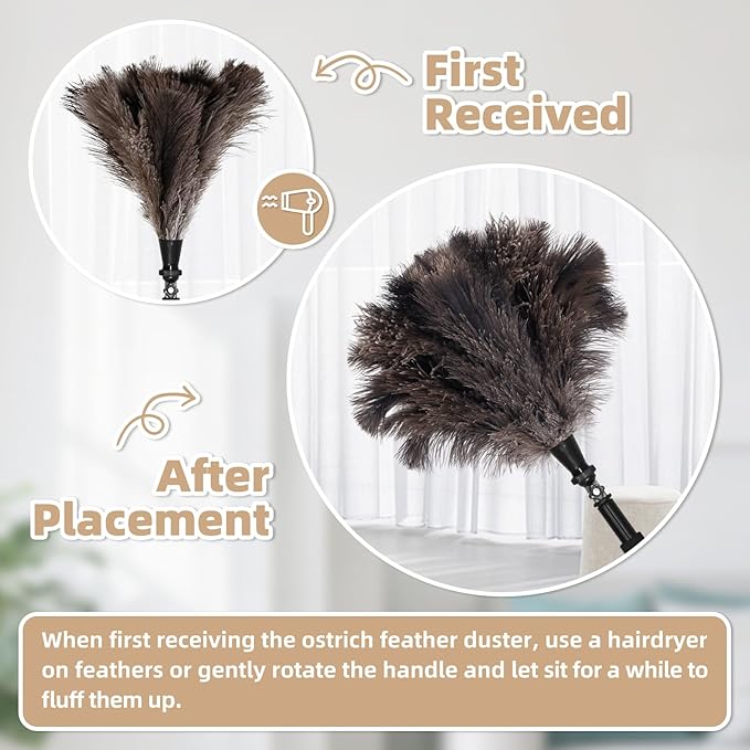 Extendable Ostrich Feather Duster with 17-42 inch Rotatable Aluminum Alloy Pole, Natural Fluffy Reusable Feather Duster for Cleaning High Ceilings, Pendant Lamps, Blinds, Furniture and Roof