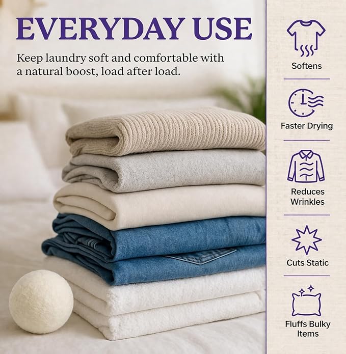 Wool Dryer Balls 6-Pack Set | Natural Fabric Softener Alternative | Reusable Laundry Balls | Eco Friendly Static Reduction