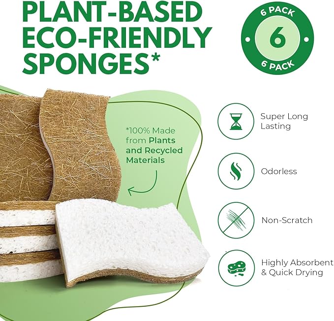 Natural Kitchen Sponges (6 Pack) - Biodegradable Cellulose & Coconut Scrubber Dish Sponges for Kitchen - Eco-Friendly, Non Scratch, Compostable, Non Toxic S-Shaped Natural Sponges for Dishes