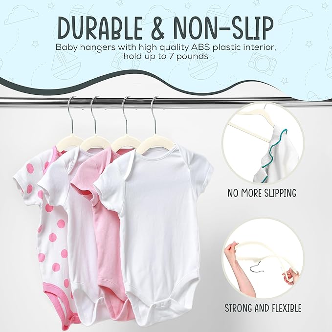 TechZoo 50 Premium Baby Velvet Hangers - 11.8" Non-Slip, Ultra-Slim Space-Saving Children Closet Hangers - 360° Swivel Hook, Strong & Durable Infant & Toddler Clothes Hangers for Wardrobe - Ivory