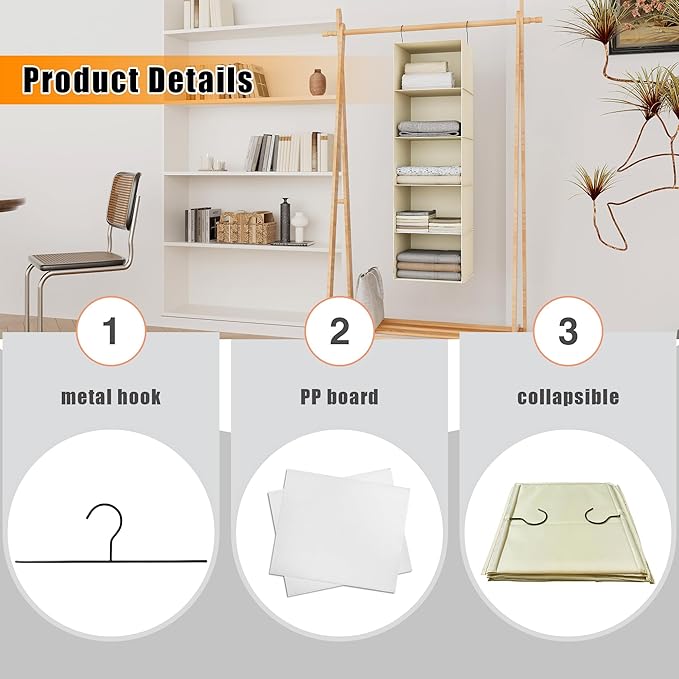Hanging Closet Organizer, Easy Mount Foldable 5-Shelf Hanging Closet Wardrobe Storage Shelves, Clothes Handbag Shoes Accessories Storage, Washable Oxford Cloth Fabric, Beige
