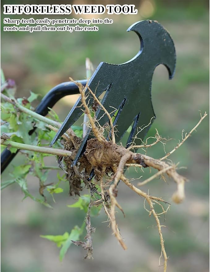 WMM Weed Puller Tool Gardening Tools Set of 2 Uprooting Weed Pulling Tool, 4 Teeth Manganese Steel Forged Weeding Tool for Vegetable, Portable Hand Weeder Tool for Garden Farm Planting Weeding