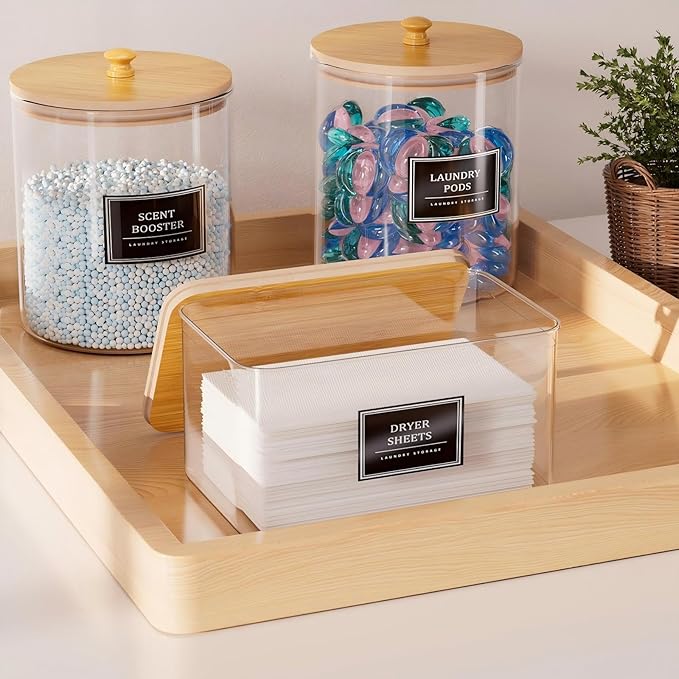 2+1 Pack Glass Laundry Pods Container & Acrylic Dryer Sheet Holder, Clear Laundry Room Organization Containers with Bamboo Lids & Labels, Powder Laundry Detergent Container for Scent Booster, Powder