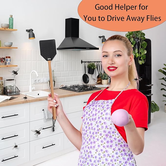 Indoor Leather Fly Swatter - 2 Pack Long Handle Heavy Duty Fly Swatter with Hanging Rope, Wood Fly Swatter Manual for Kitchen/Home Indoor and Outdoor Flies