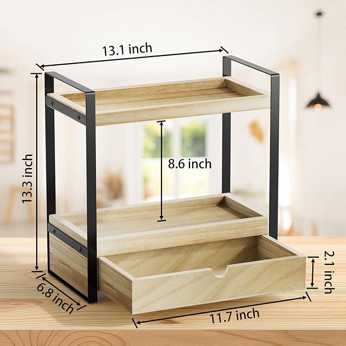Boulphia 2-Tier Bathroom Organizer Countertop with Drawer, Wood Bathroom Counter Shelf for Storage, Vanity Organizer Countertop for Kitchen, Office