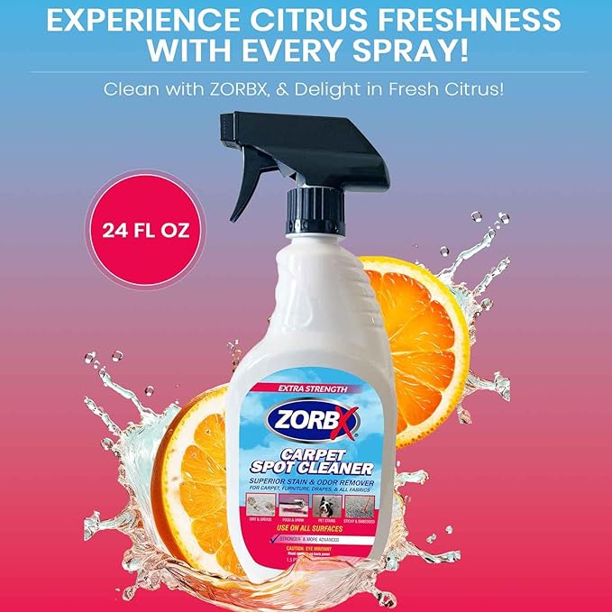 ZORBX Carpet Odor and Stain Remover Spray 24 oz - Perfect Addition to Cleaning Supplies - All-Purpose Carpet Spot Cleaner - Citrus Scented Pet Stain Remover - Fast-Acting Carpet Cleaner Solution