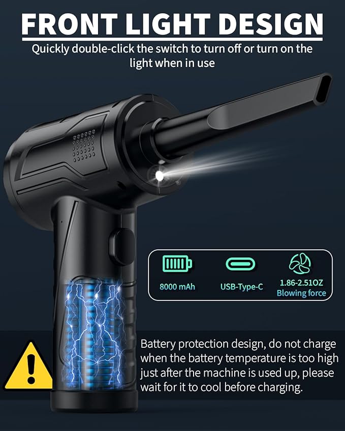 Powerful Compressed Air Duster for Deep Cleaning-Replace Compressed Air Can-No Canned Air Duster-Keyboard Cleaner-PC Cleaning-Rechargeable-3-Speeds-95000RPM Cordless Air Blower-Car Duster 8000mAh