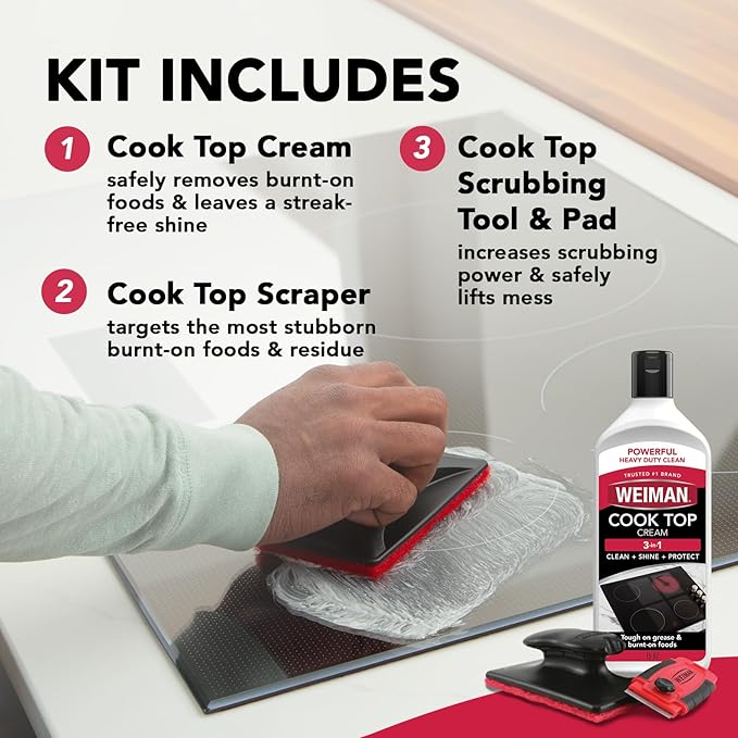 Weiman Glass & Ceramic Cooktop, Stove Top & Oven Cleaner Kit – Kitchen Cleaner Cream, 3 Scrubbing Pads & Scraper for Burnt-On Food & Grease, Clean Shine - Safe for Induction, Electric & Gas Cooktops