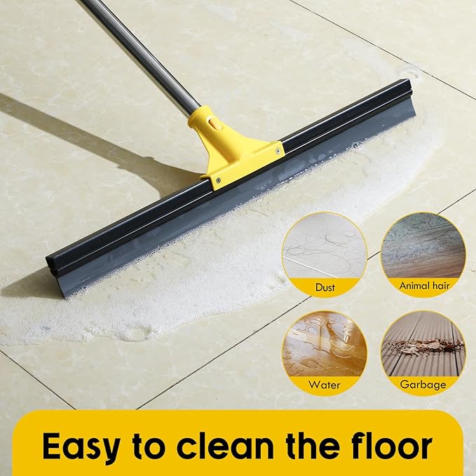 Floor Squeegee for Concrete and Tile Cleaning, 30'' Heavy Duty Rubber Wiper with 60'' Long Adjustable Handle Water Scraper for Bathroom Shower Glass Garage Glass Window(Yellow