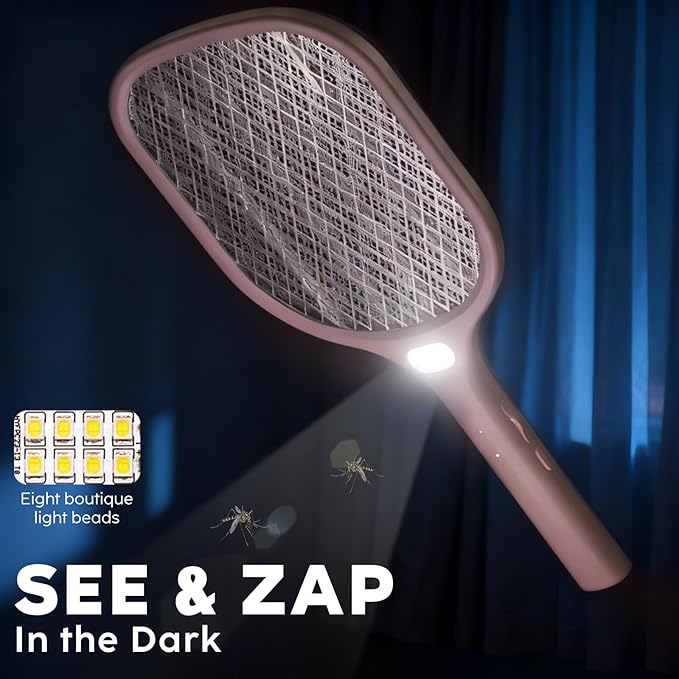 Electric Fly Swatter Racket 3000V Bug Zappers, Mosquito Zappers USB Rechargeable, 1200mAh Mosquitoes Killer Lamp & Fly Zappers with 3 Layer Safety Mesh for Home, Bedroom, Kitchen, Patio (2Pack-Pink)